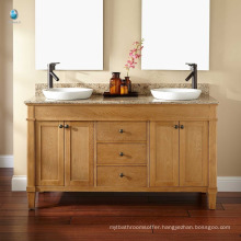 Luxury marble counter hotel bathroom floor cabinet/ double ceramic basin oak vanity